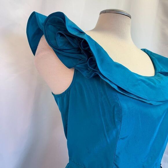 NWT Rickie Freeman For Teri Jon blue ruffle frill neck silk dress Sz 12 NWT - Picture 5 of 10